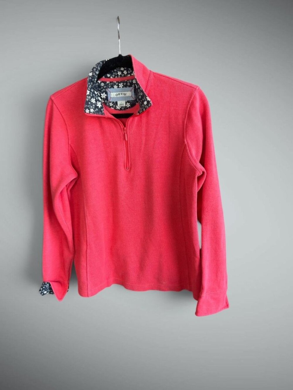 Orvis 1/4 Zip Coral Pink Pullover Sweatshirt Contrast Floral Collar Size L